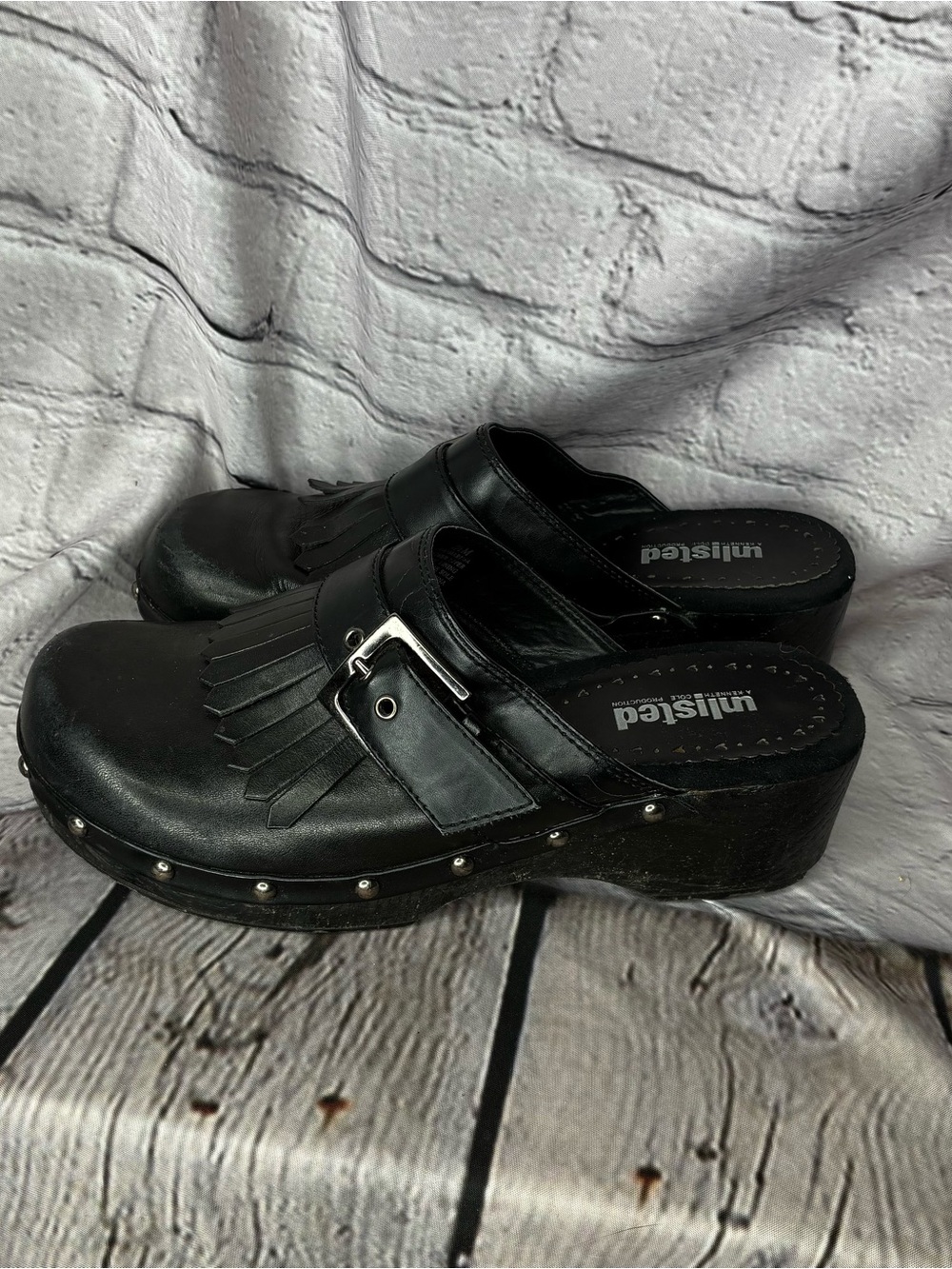 Vtg 90s Y2K Western Moto Boho Biker Goth Kiltie Fringe Black Leather Clogs 8.5